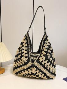 Geantă de umăr boemă din paie pentru femei, geantă tote de plajă de designer vintage, potrivită pentru vacanță, muncă, utilizare zilnică, stil de vară, perfectă pentru ieșirile ocazionale și excursiile pe plajă