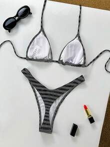 Women's Basic Striped Print Swimsuit, Suitable For Various Occasions From Pool To Beach In Summer, Daily Mini Triangle Bikini Beach Outfit Vacation - Grey - View 4
