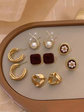 مجموعة 5 أزواج أقراط مكونة من لؤلؤ مزيف، أشكال هندسية وأزهار في طراز عتيق بسيط، أنيقة وحصرية مناسبة للنساء لارتدائها يوميًا وفي المناسبات