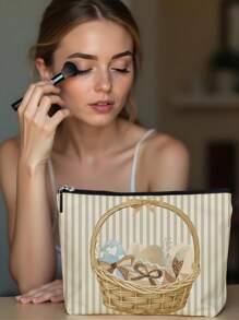 1 pieza Bolsa de cosméticos con estampado de lino de conejito de Pascua, hermosa bolsa de maquillaje de viaje y monedero multipropósito, regalo práctico y ligero para mujeres