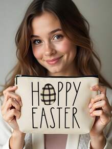 1 pieza Bolsa de cosméticos con estampado de lino de conejito de Pascua, hermosa bolsa de maquillaje de viaje y monedero multipropósito, regalo práctico y ligero para mujeres
