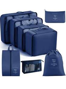 8/1 件旅行收纳套装，包括化妆包、行李收纳包、洗漱包、网袋、衣服袋、护肤包、化妆刷袋、鞋袋、瓶袋和拉绳袋，适用于衬衫、内衣、衣服、化妆品、口红、眼影、粉底、海绵、刷子和牙刷、牙膏、洗面奶、爽肤水、乳液、面霜等洗漱用品，适用于旅行、医院、宿舍、学校、度假、返校必需品