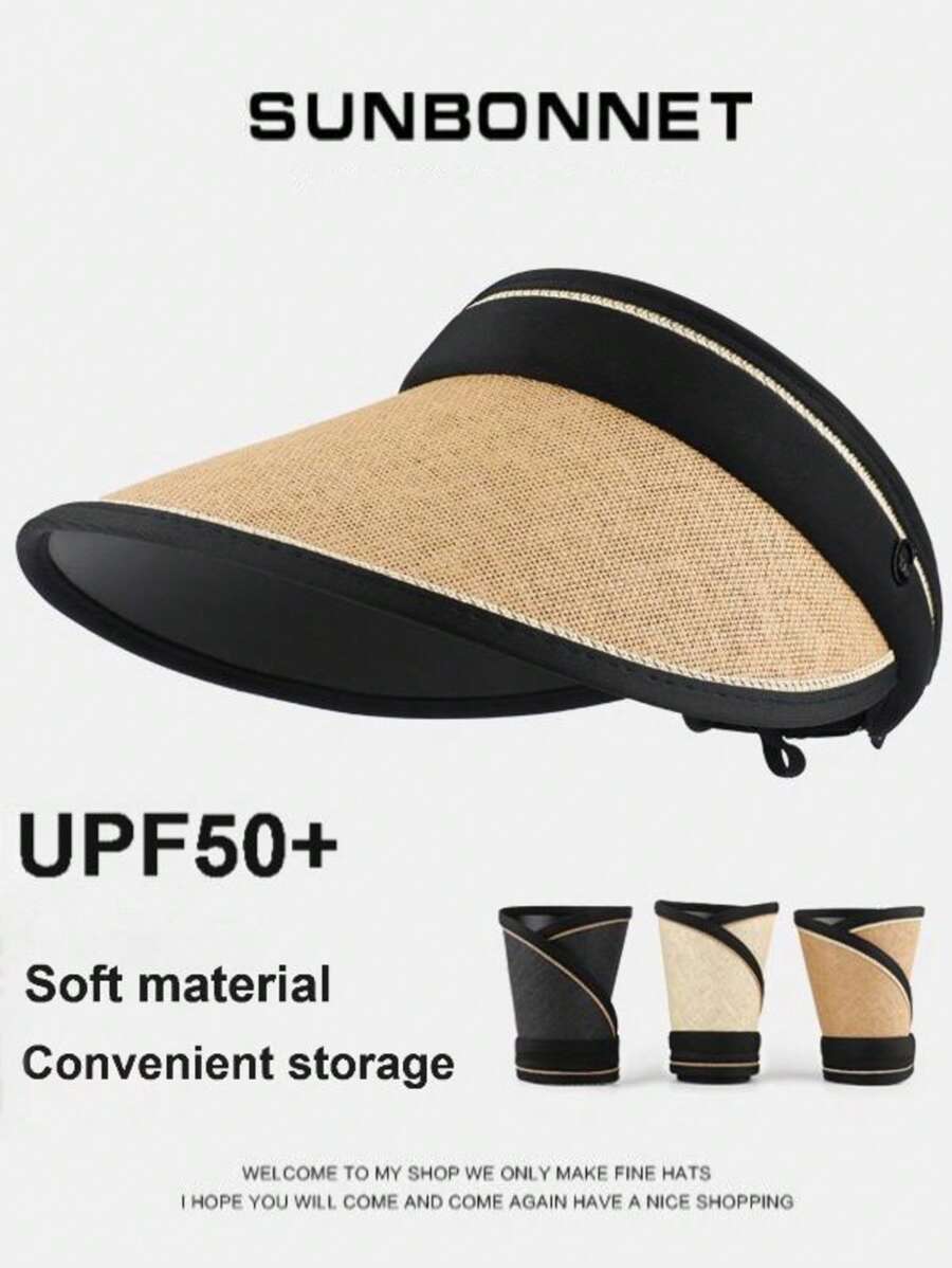 Sombrero de sol 2025 nuevo de plástico negro hueco con protección UV para el rostro, sombrero de paja trenzada para el verano