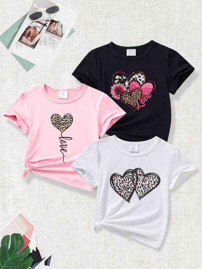 3pcs/Set Young Girl Heart Graphic Print Short Sleeve T-Shirt, Summer