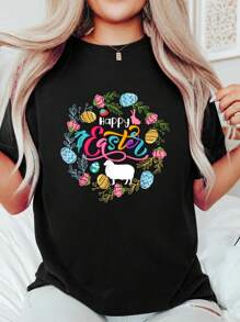 Happy Easter Sheep In Cute Chocolate Eggs Floral Circle T-Shirt 100% Cotton, Breathable & Comfort Fit, Short Sleeve Crew Neck Top For All Seasons