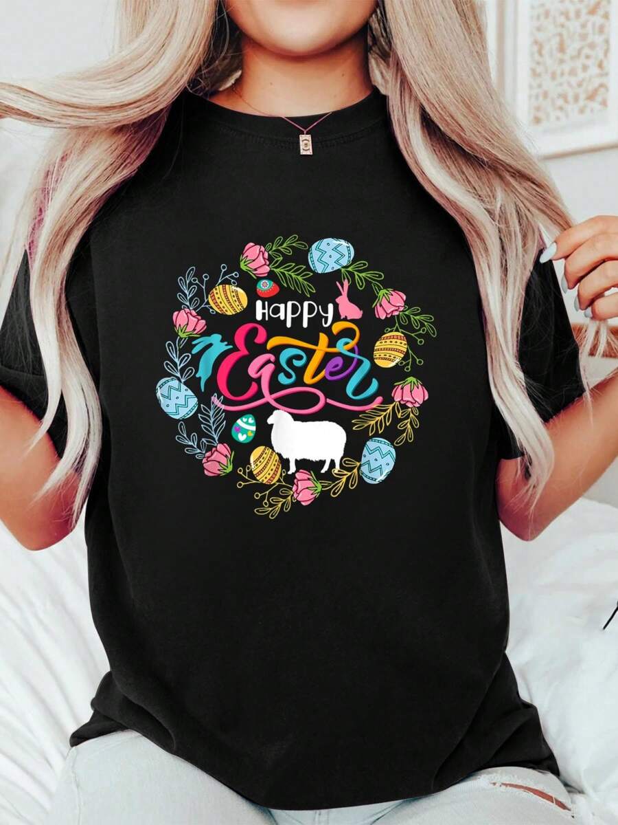 Happy Easter Sheep In Cute Chocolate Eggs Floral Circle T-Shirt 100% Cotton, Breathable & Comfort Fit, Short Sleeve Crew Neck Top For All Seasons