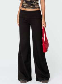 Women Fold Over Yoga Pants Low Rise Solid Color Stretch Casual Straight Wide Leg Palazzo Pants Loose Fit Comfy Flared Leggings Gym Lounge Pants Bootcut Bell Bottoms Baggy Sweatpants Teen Girl Back To School Bottoms Y2k Streetwear - 黑色 - 查看 4