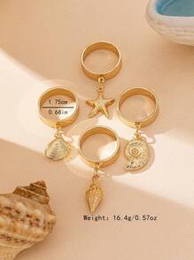 4 Pieces Set Ocean Style Gold Metal Shell, Starfish, Conch Pendant Rings Set, Suitable For Women's Everyday & Holiday Outfits