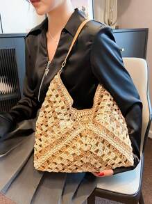 Geantă de umăr boemă din paie pentru femei, geantă tote de plajă de designer vintage, potrivită pentru vacanță, muncă, utilizare zilnică, stil de vară, perfectă pentru ieșirile ocazionale și excursiile pe plajă