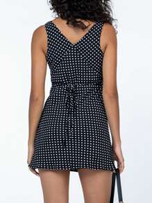 Women Casual Summer Dresses, Sleeveless V Neck Dot Print Mini Dress Club Party High Waist Drawstring Dresses - 黑色 - 查看 4