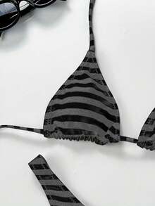 Women's Basic Striped Print Swimsuit, Suitable For Various Occasions From Pool To Beach In Summer, Daily Mini Triangle Bikini Beach Outfit Vacation - Grey - View 5