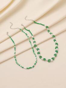 2pcs Bohemian Style Beaded & Pearl Flower Necklace Set For Women, Cute Handmade Jewelry Suitable For Daily Wear & Holiday - Green - View 5
