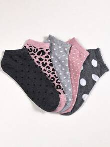 5 Pairs Leopard Polka Dot Pattern Versatile & Fashionable Everyday Ankle Socks