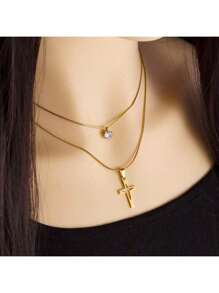 New Vintage Minimalist Rhinestone Cross Pendant Necklace, Double Layer Stainless Steel Clavicle Chain, European And American Fashion