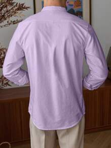 男士商务休闲立领衬衫，简约时尚日常穿搭，秋季长袖上衣 - 紫色 - 查看 3