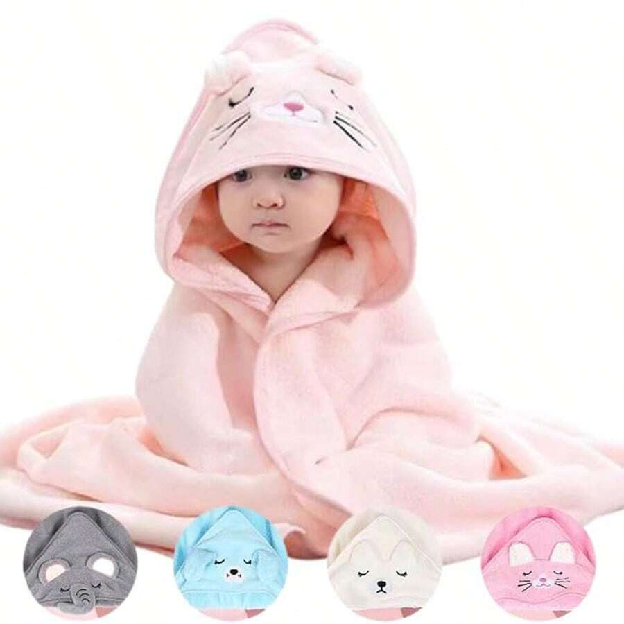 1pc Super Soft Microfiber Embroidered Hooded Baby Bath Towel, Animal Design Hooded Towel, Highly Absorbent, Great For Infants & Toddlers, Suitable For Boys & Girls