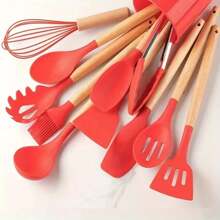 12 piezas Juego de utensilios de cocina de silicona - Resistentes al calor hasta 230°C, espátula, pinzas, cuchara, cepillo, batidor, utensilios con mango de madera color gris con soporte para utensilios de cocina antiadherentes, saludable