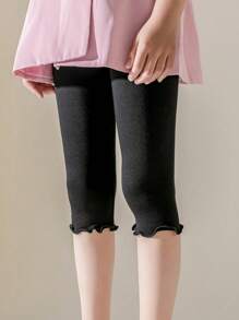 Bộ 3 chiếc quần legging lửng màu trơn có bèo nhún cho trẻ em, có chun co giãn. - màu đen - Xem 3