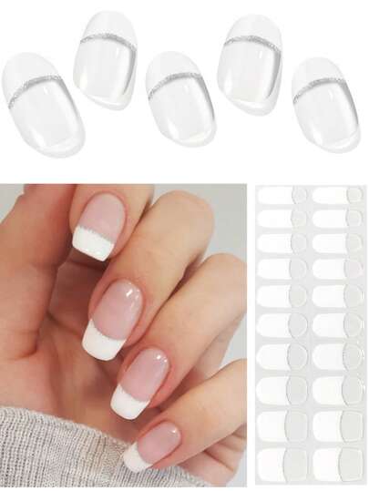 20pcs French Semi-Cured Gel Nail Stickers, Available In White, Black, Pink, Self-Adhesive Full Coverage Nail Stickers, Includes 1 Nail File, Long-Lasting , UV Gel Nail Sticker Decals, Suitable For Women And Girls Daily Nail Decoration Nails Nail Supplies