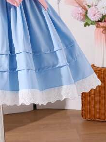 Young Girl Elegant Princess Style White Dress, Decorated With Bow, Puff Sleeve Design, Suitable For Birthday Party, Holiday Events, Photo Shoot, Fits Young Girl Aged 4-7, Spring/Summer - Blue - View 7