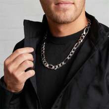 1pc Luxurious Figaro Chain Link Necklace Silver Plated Thick Chain Necklace, Pendant Necklace Punk Hip Hop Versatile Fashion Jewelry Accessories For Men, Ideal Father's Day Gift 18-28inches - 銀色 - 查看 4