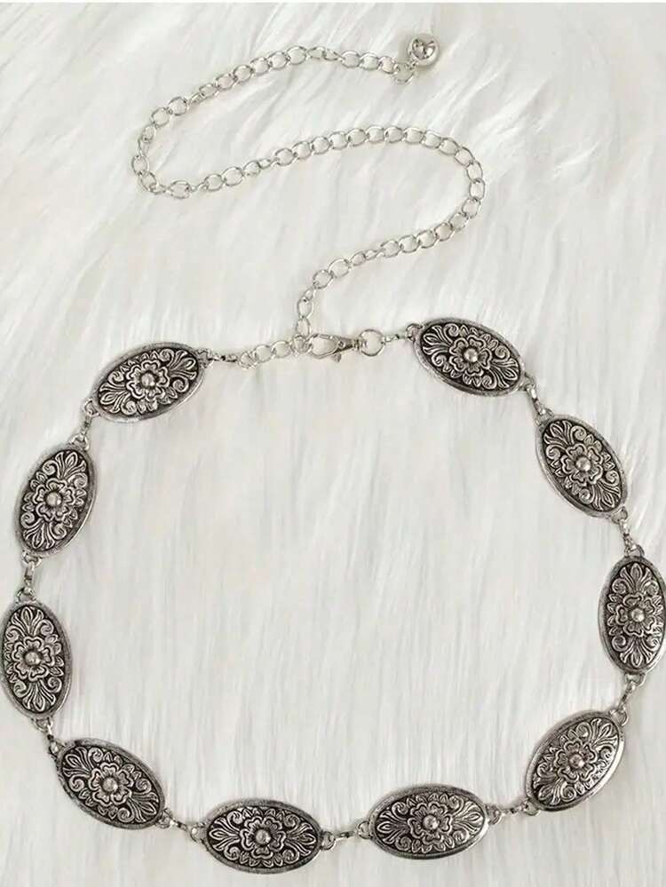 1pc Women's Vintage Engraved Buckle Distressed Metal Waist Belt, Suitable For Western Style Jeans - Silver - View 2