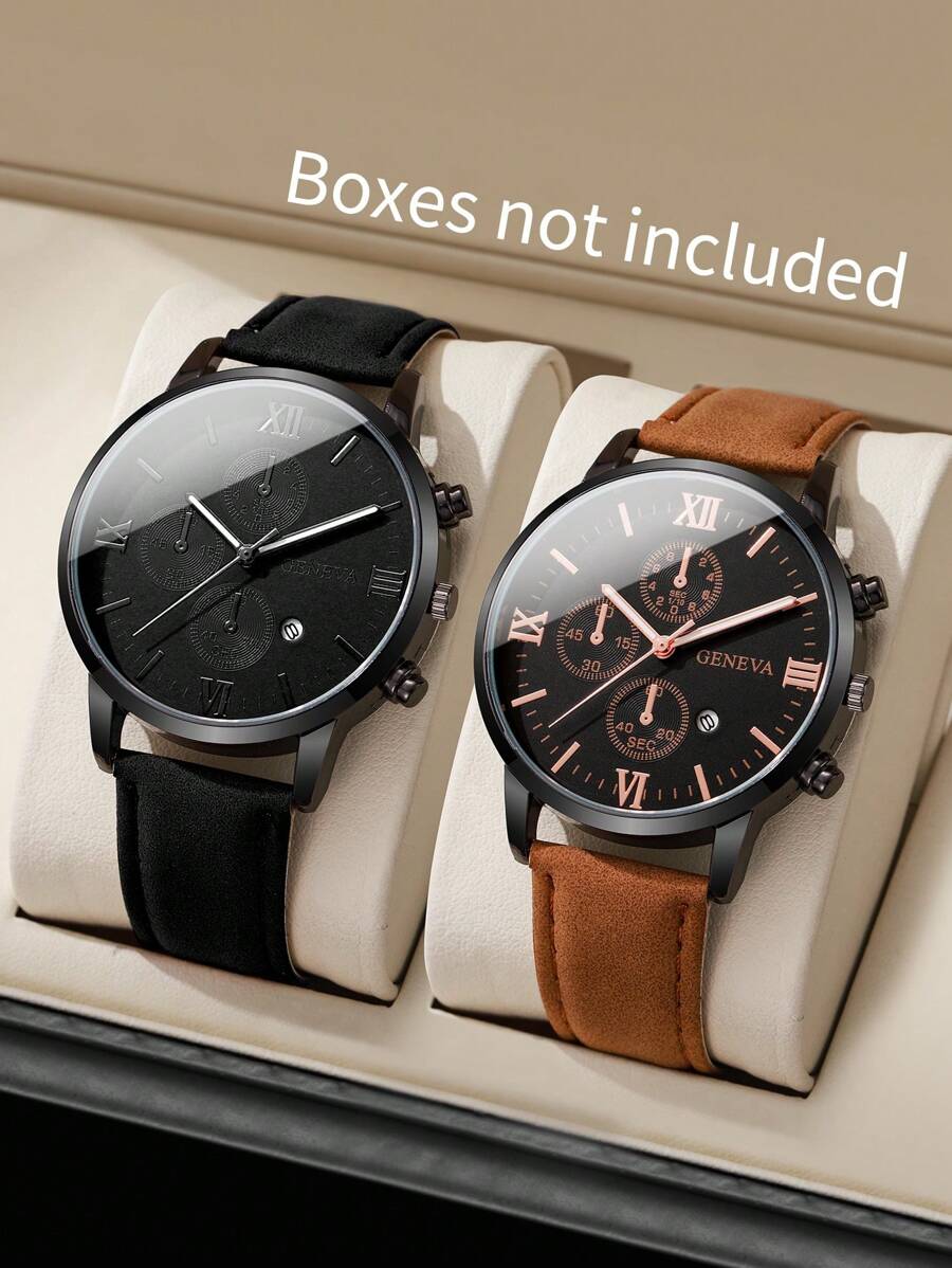 2 件套：男士时尚经典罗马数字表盘石英表和皮带（不含表盒）