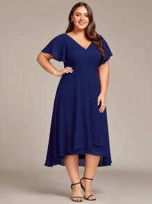 EVERPRETTY Plus Size Elegant High Low Flowing Chiffon V-Neck Ruffle Sleeves Bridesmaid Dress - Navy Blue - View 3