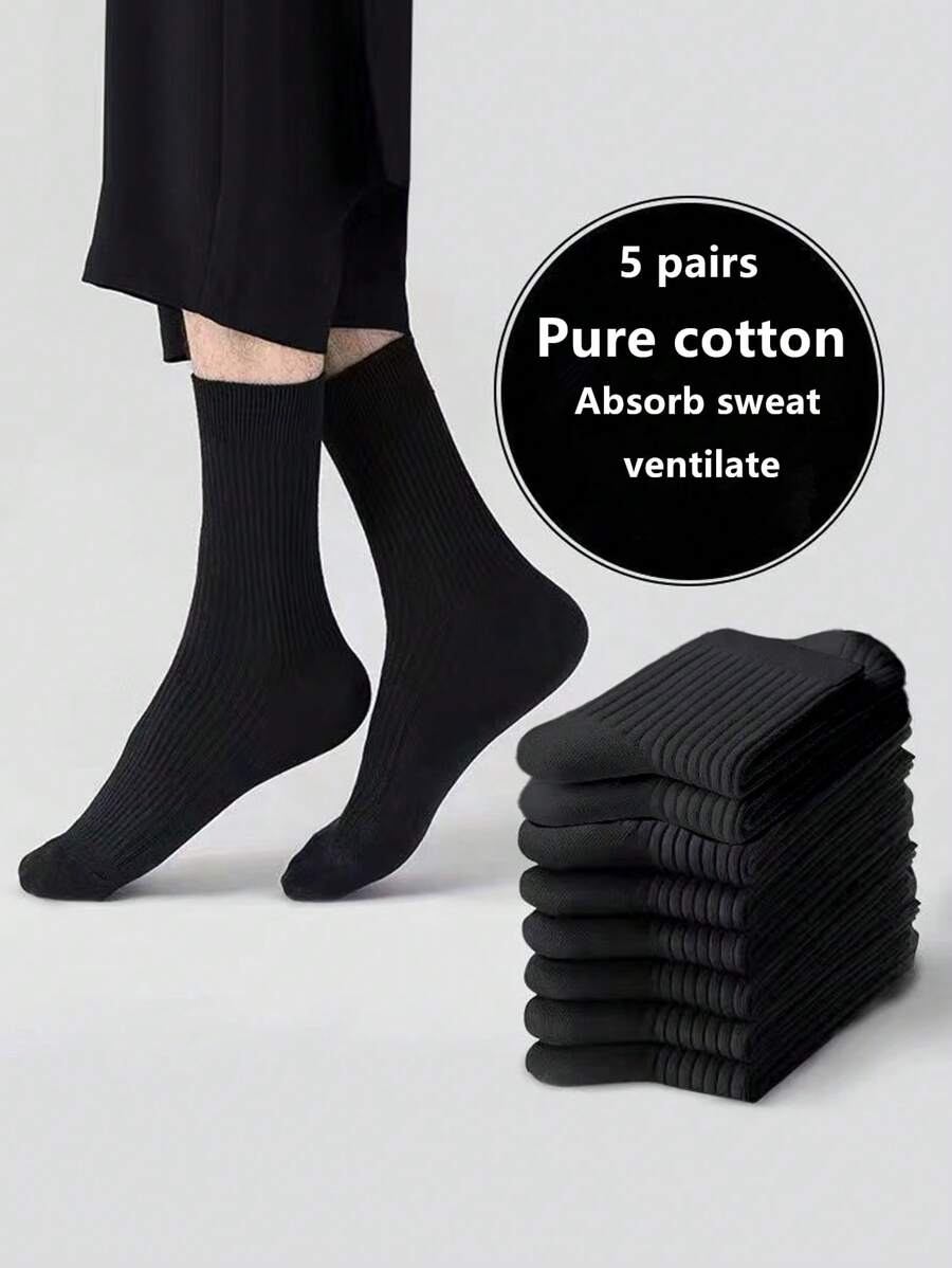 5 Pairs Women's Black Vertical Striped Mid-Calf Socks, One Size Fits All Unisex Long Socks, Fall - Black - View 1