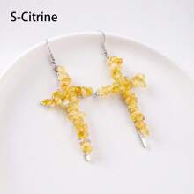 1Pair Natural Crystal Gravel Stone Cross Amethyst Eardrop Earrings Pink Crystal Reiki Eardrop Women Party Wedding Jewelry - Crushed Stone Cross Earrings - View 16