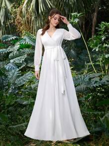 Chic Bridal Gown With Long Sleeve Deep V Neck & Belted Waist In Polyester Chiffon | Guest Dress For Wedding Showers, Botanical Garden Events, And Nature-Inspired Weddings,Bride