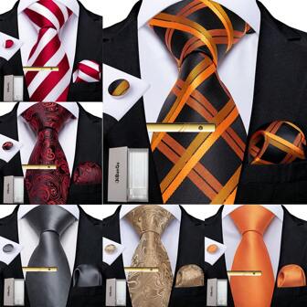 男士领带时尚条纹花卉图案领带带夹礼盒套装非常适合男士婚礼商务聚会晚宴