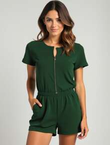 Curve And Plus Size Jumpsuit In Fleece With Zipper For Adult Women - Dark Green - View 1