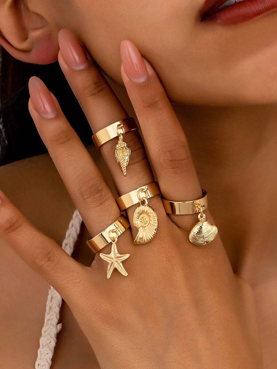 4 Pieces Set Ocean Style Gold Metal Shell, Starfish, Conch Pendant Rings Set, Suitable For Women's Everyday & Holiday Outfits