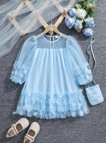 Girls Spring Mesh Patchwork 3D Flower Fashion Princess Dress With Crossbody Bag, 1 Set - Baby Blue - View 1