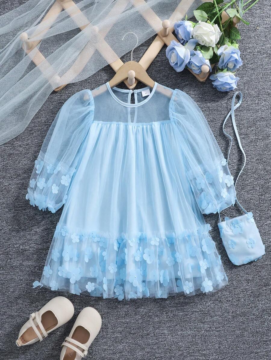 Girls Spring Mesh Patchwork 3D Flower Fashion Princess Dress With Crossbody Bag, 1 Set - Baby Blue - View 1