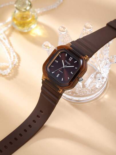 1pc Women Af dable Square Minimalist Silicone Strap Quartz Wrist Watch, Wear view 3