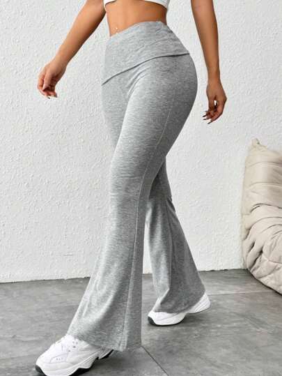 Women Solid Flare Skinny Pants Fold Over Leggings Stretch Bootcut Flared Yoga Pants Y2k Joggers