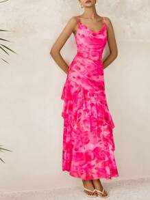Women's Long Dress Summer Ruffled Layered Floral Beach Sundress With Thin Straps Wedding Guest Dress - 印花粉紅色 - 查看 4