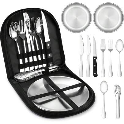 Camping Geschirr Set für 2 Personen, 10 Stück Tragbars Campingbesteck Set aus Edelstahl für Camping, Picknick, Reisen