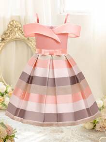 EHOMKIDS Young Girls Party Dress, Children Striped Open Shoulder Strap Party Dress, Princess Mini Skirt - Pink - View 2