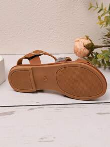 1 Paar Kleinkind Mädchen Große Größen Braune PU Leder Flache Sandalen, funkelnder Strass Dekor, verstellbarer Klettverschluss, offene Zehenpartie für den täglichen Lässig-Stil, Partys, Reisen, Frühling/Sommer