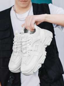 Men's Plus Size Solid Color Lace-Up Running Shoes, Casual Comfortable Non-Slip Walking Shoes With Hook And Loop Fasteners, Easy To Clean, Sports Campus Style Sneakers, Student Shoes - White - View 3