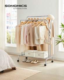 SONGMICS Burro Para Ropa, Con Ruedas, Perchero Burro Con Double Barra, Estructura De Tubo De Acero, Carga Máx. De 100 Kg, Ancho De 103.5 Cm, Almacenaje Multifuncional, Blanco HSR107W01 - White - View 2