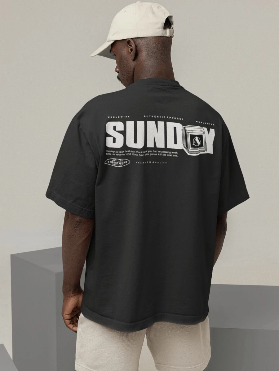 Oversized T-Shirt Turtleneck Unisex Streetwear 100% Cotton Urban Style Workout Casual Black And Off Whte Printed - 黑色 - 查看 1