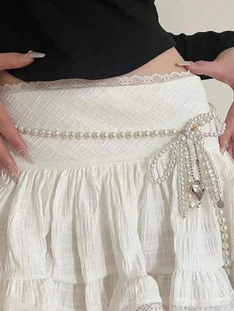 1件时尚单层心形仿珍珠装饰裤链，适合夏季、秋季、万圣节等场合。