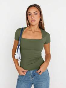 KAHULE Women's Square Neck Tops Short Sleeve Crop Tops Workout Summer Clothes Casual Slim Fit T-Shirts - 軍綠色 - 查看 3