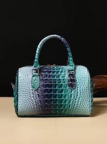 Luxury Crocodile Pattern Handbag, Retro Genuine Purse, Women's Classic Boston Bag & Shoulder Bag - 10#藍色+深藍 - 查看 4