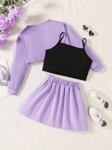 3 件套女童春夏时尚套装：长袖连帽斗篷、字母印花吊带背心和百褶裙，最佳春季返校礼物 - 紫色 - 查看 2