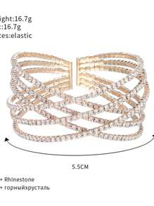 全新 6 排水钻镶嵌十字交叉独特钢丝手链，爪链弹力手镯 - 金色 - 查看 3